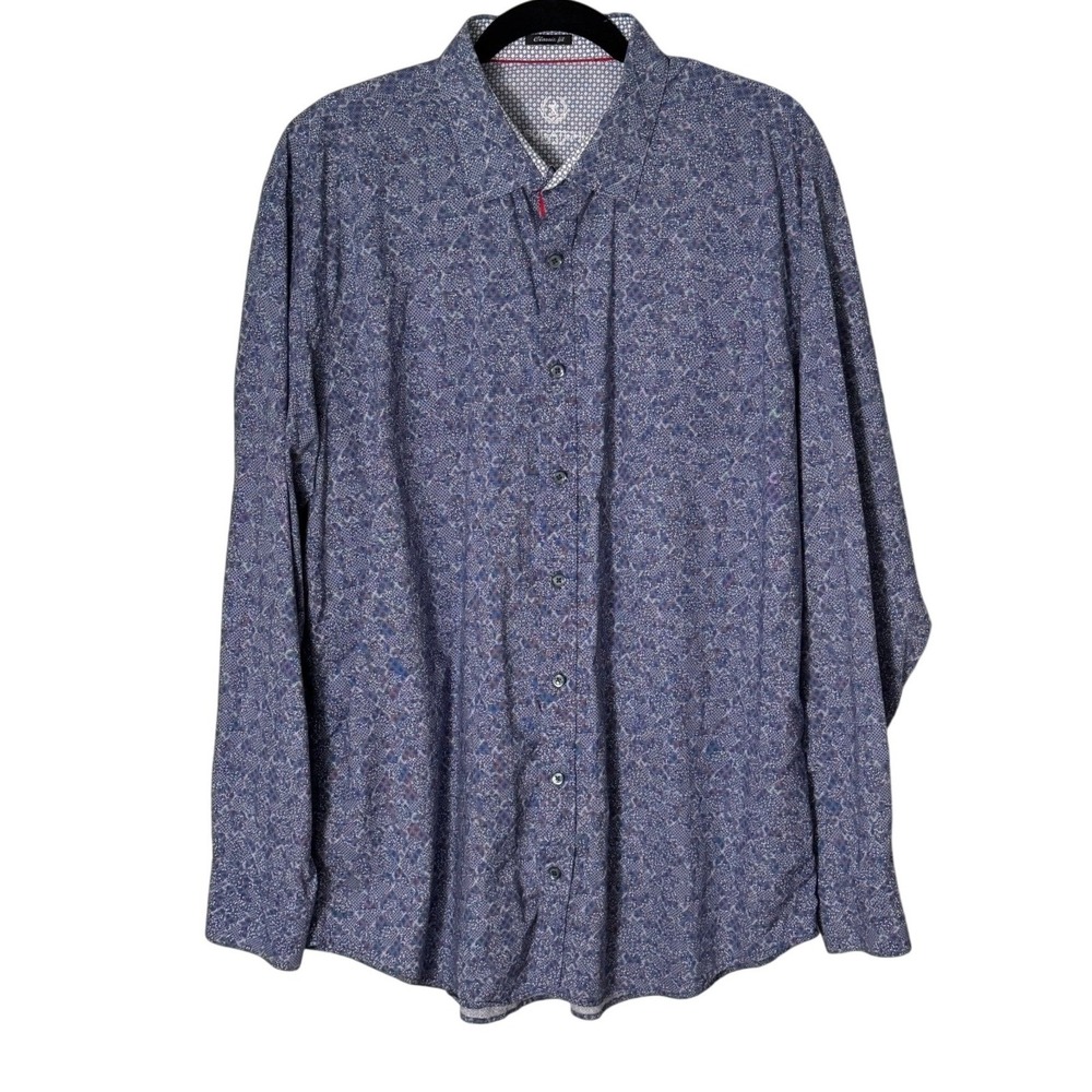 Bugatchi Mens Classic Fit Blue Print Long Sleeve Button Down Shirt Size XL